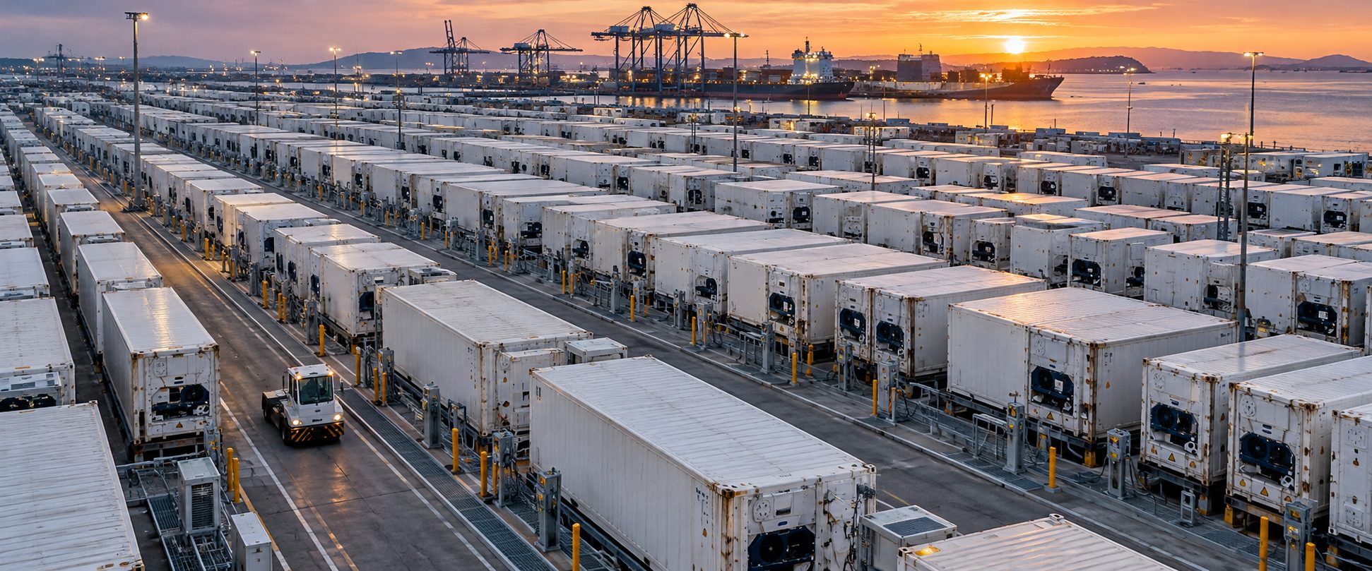 Pátio de containers refrigerados ao entardecer