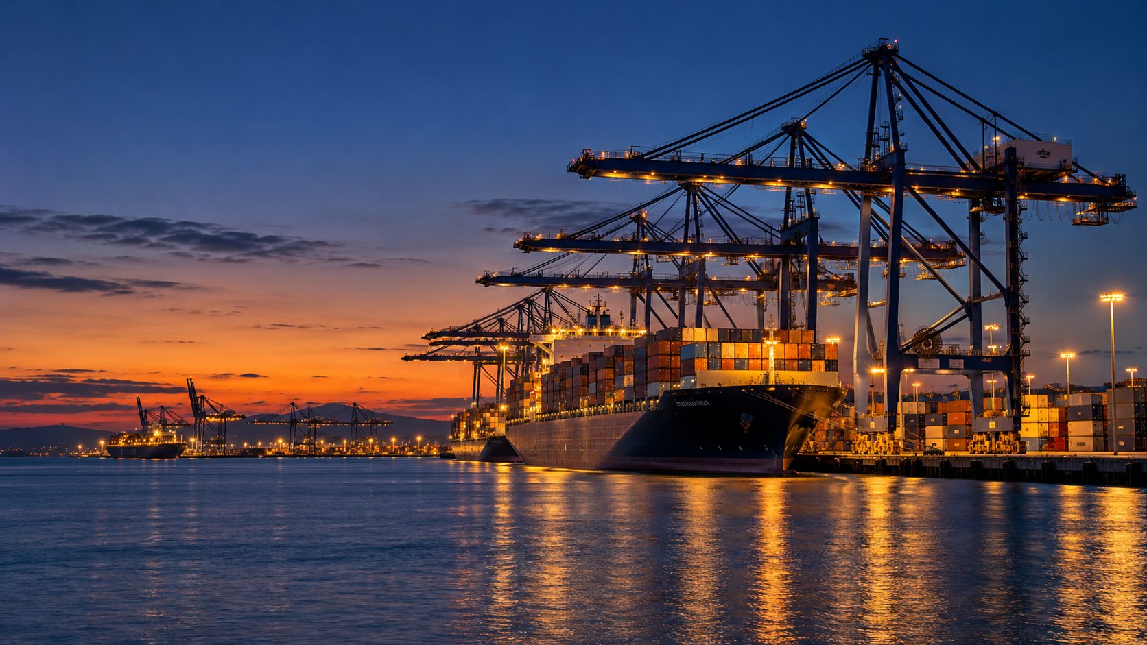 Terminal de containers ao anoitecer