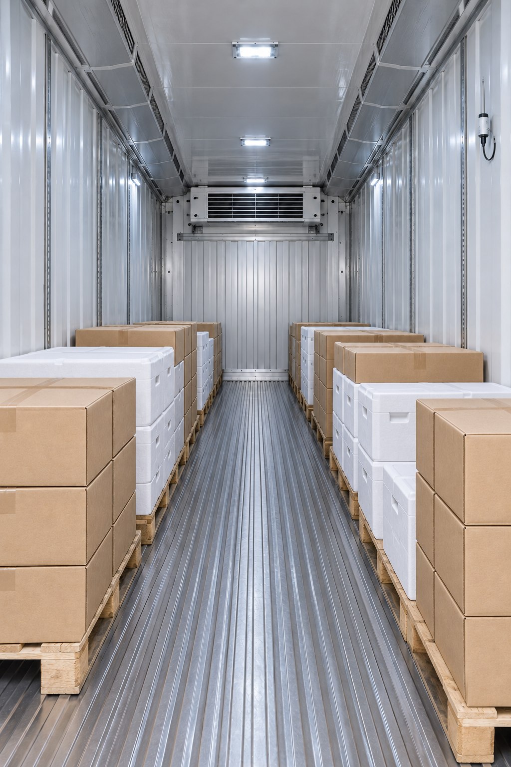 Interior de container refrigerado, com pallets de caixas fechadas e corredor entre paredes metálicas